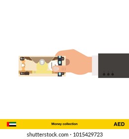 Human hand gives money vector illustration. Dirham banknote.
