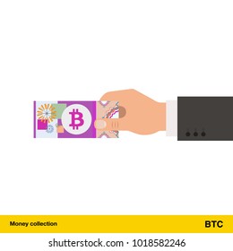 Human hand gives money vector illustration. Bitcoin banknote.