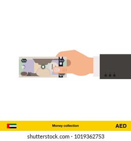 Human hand gives money vector illustration. Dirham banknote.