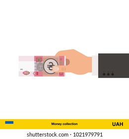  Human hand gives money vector illustration. Hryvnia banknote.