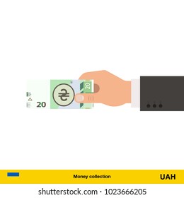 Human hand gives money vector illustration.  hryvnia banknote.