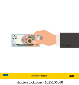 Human hand gives money vector illustration.  hryvnia banknote.