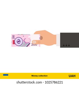 Human hand gives money vector illustration.  hryvnia banknote.
