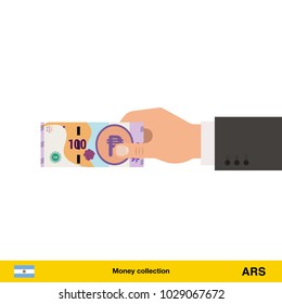 Human hand gives money vector illustration.  peso banknote.