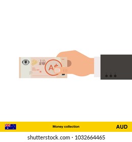 Human hand gives money vector illustration. Australian dollar banknote.