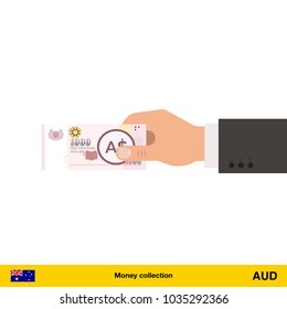 Human hand gives money vector illustration.  Australian dollar banknote.
