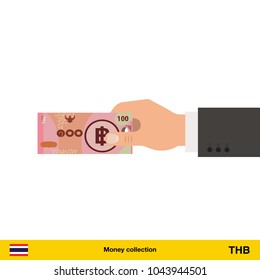 Human hand gives money vector illustration. Thai baht banknote.