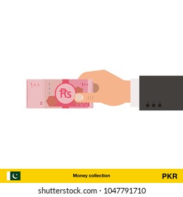 Human hand gives money vector illustration. Pakistan rupee banknote.