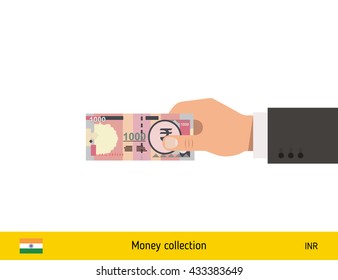 Human hand gives money vector illustration. Indian rupee banknote.