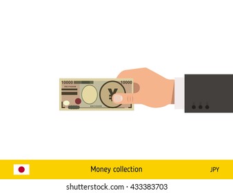 Human hand gives money vector illustration. Japanese yen banknote.