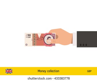 Human hand gives money vector illustration. British pound banknote.