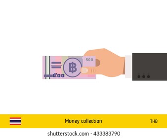 Human hand gives money vector illustration. Thai baht banknote.