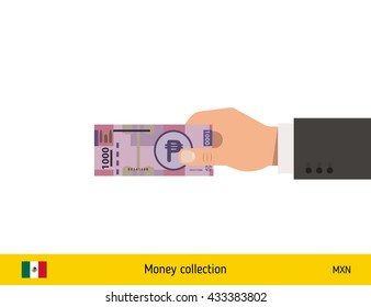 Human hand gives money vector illustration. Mexican peso banknote.