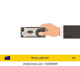 Human hand gives money vector illustration. New Zealand dollar banknote.