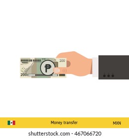 Human hand gives money vector illustration. Mexican peso banknote.