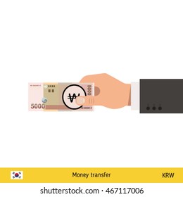 Human hand gives money vector illustration. South Korean won banknote.
