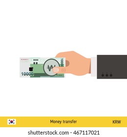 Human hand gives money vector illustration. South Korean won banknote.