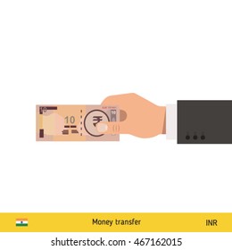 Human hand gives money vector illustration. Indian rupee banknote.