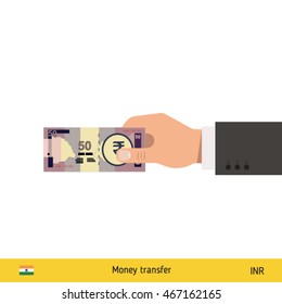 Human hand gives money vector illustration. Indian rupee banknote.