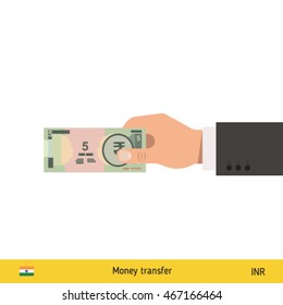Human hand gives money vector illustration. Indian rupee banknote.