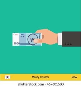 Human hand gives money vector illustration. South Korean won banknote.