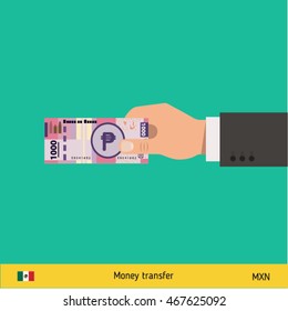 Human hand gives money vector illustration. Mexican peso banknote.