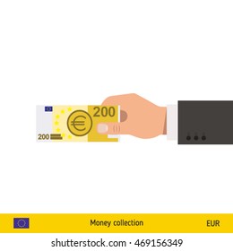 Human hand gives money vector illustration. Euro banknote.