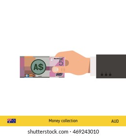 Human hand gives money vector illustration. Australian dollar banknote.