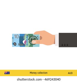 Human hand gives money vector illustration. Australian dollar banknote.