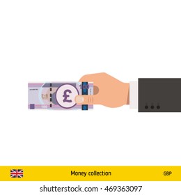 Human hand gives money vector illustration. British pound banknote.