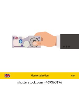 Human hand gives money vector illustration. British pound banknote.