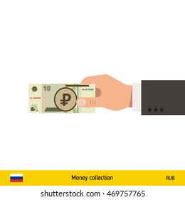 Human hand gives money vector illustration. Russian ruble banknote.