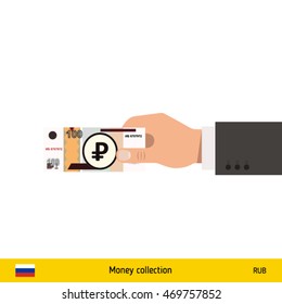 Human hand gives money vector illustration. Russian ruble banknote.