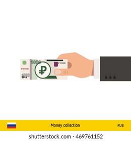 Human hand gives money vector illustration. Russian ruble banknote.