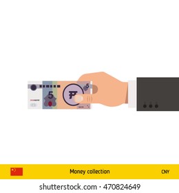 Human hand gives money vector illustration. Chinese yuan banknote.