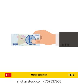 Human hand gives money vector illustration. Lira banknote.
