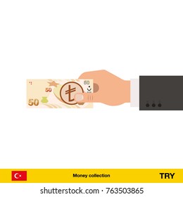 Human hand gives money vector illustration. lira banknote.
