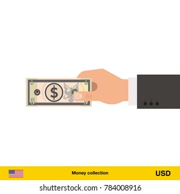 Human hand gives money vector illustration. Dollar banknote.