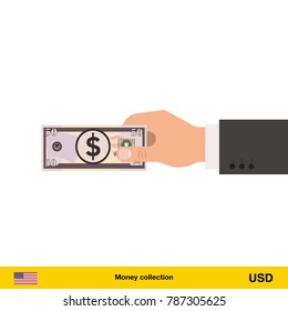Human hand gives money vector illustration. Dollar banknote.