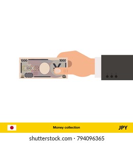 Human hand gives money vector illustration. Yen banknote.
