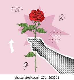 Una mano humana da una rosa roja. Felices fiestas. Ilustración vectorial linda para la tarjeta, cartel, etc. La mano abre un regalo.