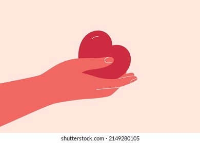 Human Hand gives to someone big red heart. Concept of love, charity, philanthropy and donation. Vector illustration