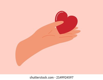 Human Hand gives to someone big red heart. Concept of love, charity, philanthropy and donation. Vector illustration