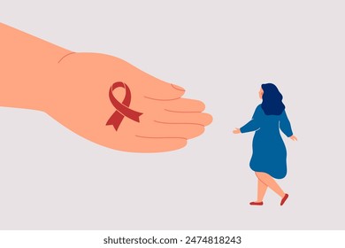 Human hand gives to woman pink ribbon as a symbol of breast cancer month awareness. Concept of support women with oncology illnesses. Vector illustration