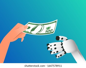 Human hand is giving 100 dollar bill to robot. Isolated on blue gradient background. vector illustration.