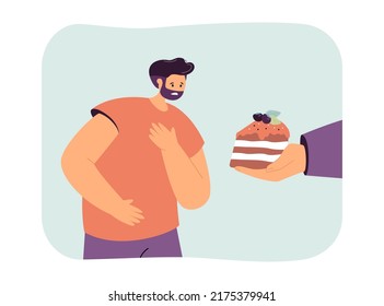 La mano humana da pastel a un hombre ilustración vectorial plana. Tratar con el postre de celebrar el cumpleaños. Comida, concepto de saludo para banner, diseño de sitio web o página web de aterrizaje