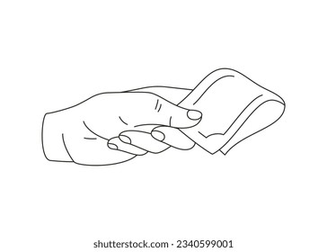 Human hand giving folded currency cash money payment concept minimalist line art icon vector