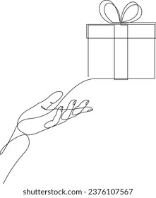 Human hand giving a gift box drawn by continuous line. One line art drawn surprise. Vector illustration.