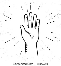 Human hand giving a high five for great work. Vintage illustration for icon in hipster style of high five fingers with sunburst rays engrave isolated on white background