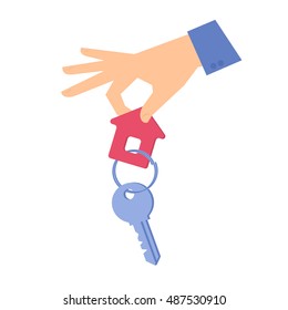 Human hand is giving a key with a keychain. Flat concept illustration of a hand holding a house key with a trinket on a ring. Isolated vector infographic element for web, presentation, brochures.